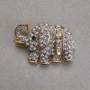 Elephant Brooch, Rhinestones with Green Eye Detail